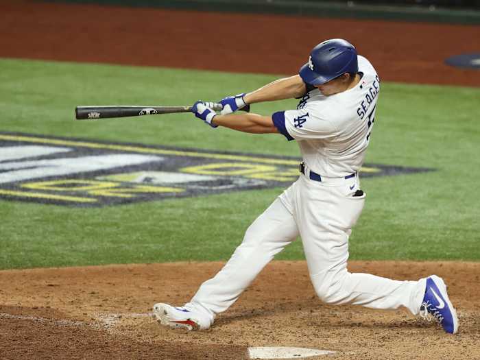 Corey Seager swinging